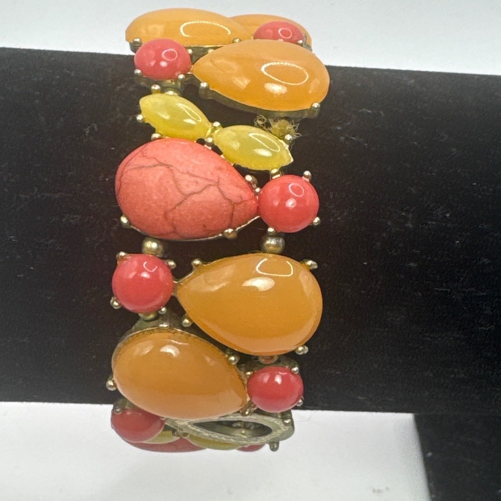 Vintage Boho Chunky Stretch Bracelet‎ Orange Coral Yellow Teardrop Cabochon Gold